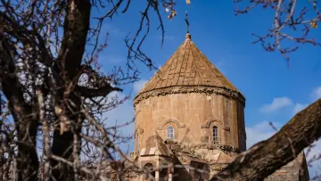 Akdamar Kilisesi kubbesi ve haçı, ağaç dalları arasından Van Gölü'nün tarihi atmosferini yansıtıyor.