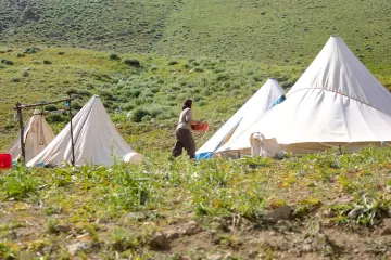 Dersim yaylalarında geleneksel çadırlar ve günlük yaşam, dağların doğal güzelliğiyle birlikte görülüyor.