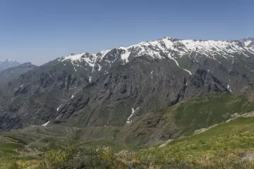 Hakkâri Cilo-Sat Dağları'nda karla kaplı zirveler ve sarp kayalık yamaçlarla etkileyici dağ manzarası.