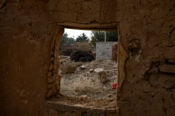 Harran'da kerpiç duvar açıklığından görülen geleneksel konik kubbeli evler ve tarihi yapı dokusu.