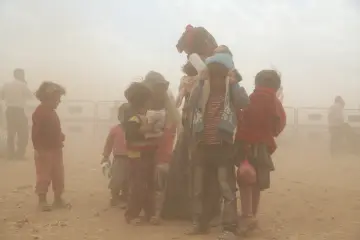 İŞİD saldırısından kaçan Kobani’liler, Suruç’a geçmek için mayınlı bölgeden sınırın karşı tarafına geçiyor. Gözleri kör eden kum  fırtınası  da bebekler ve çocuklar için de zorlu bir göç yolculuğa dönüşüyor.