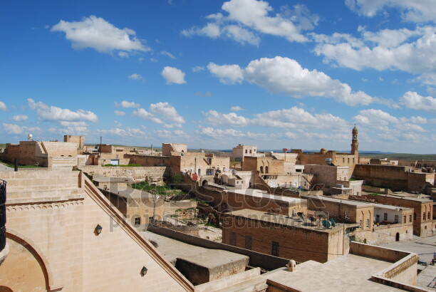 Mardin'in tarihi taş evleri, geleneksel mimarisi ve teraslı şehir dokusunun gökyüzü altında panoramik görünümü.