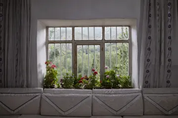 Eski bir evin penceresinde rengarenk saksı çiçekleri ve yemyeşil doğa manzarası.